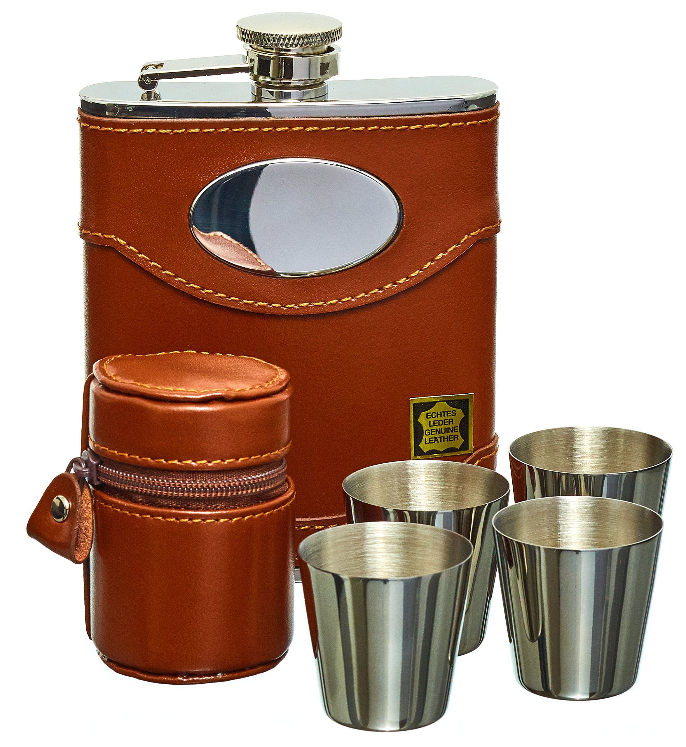 Hip Flask Set, Whiskey Flask Set - 6oz Brown Leather Hip Flask With Engravable Silver Plate + 4 Stainless Steel Cups, Made From Premium Grade Spanish Leather Including Gift Box From Gents Gifts Online