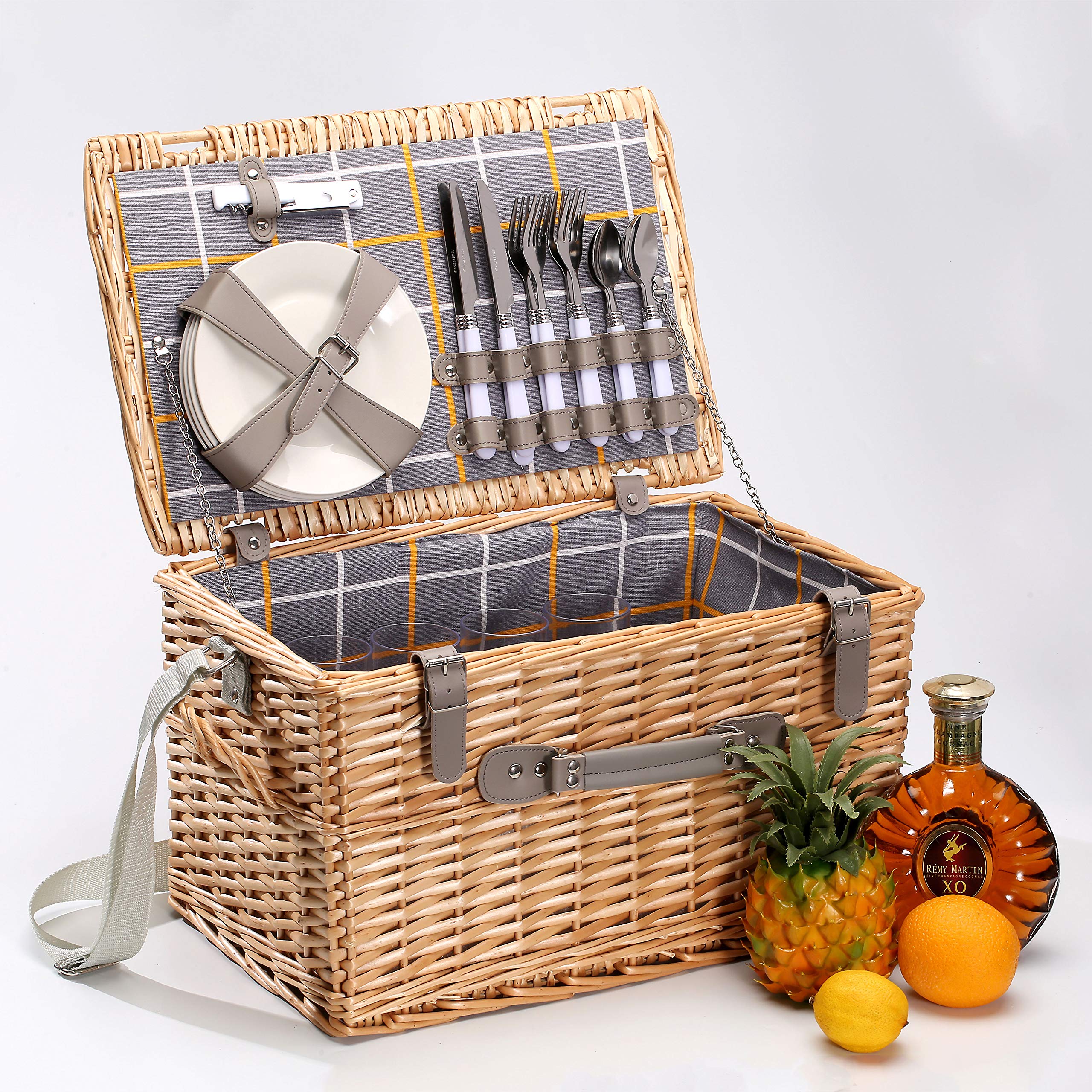 woodluv Willow Picnic Basket For 4 People Complete With Accessories & Easy Carry Handle And Shoulder Carry Strap
