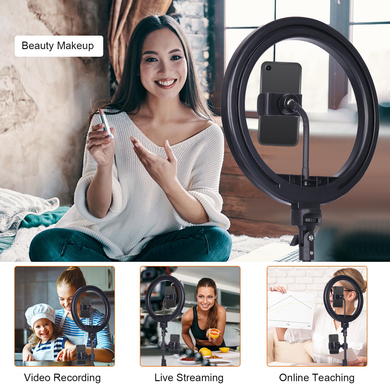 Ring Light with Tripod Stand & Phone Holder, 10'' Selfie Ring Light with 63in Tripod Stand, Dimmable Ring light Tripod for Live Streaming, Makeup, Selfie, TikTok, YouTube Video, Zoom Meeting
