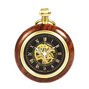 ManChDa Elegant Copper Wood Mechanical Pocket Watch Open Face Roman Numerals Vintage Pendant for Men Women with Chain + Gift Box