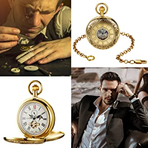 Double Hunter Mechanical Pocket Watch Double Open Tourbillon Moon Phase Stylish Gold Case Fob Pocket Watches & Gift Box Men Women Best Gifts