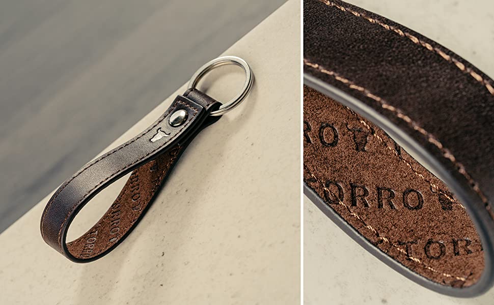 TORRO Genuine Leather Keyring with 2.5cm Diameter Brushed Metal Split Ring (Black)
