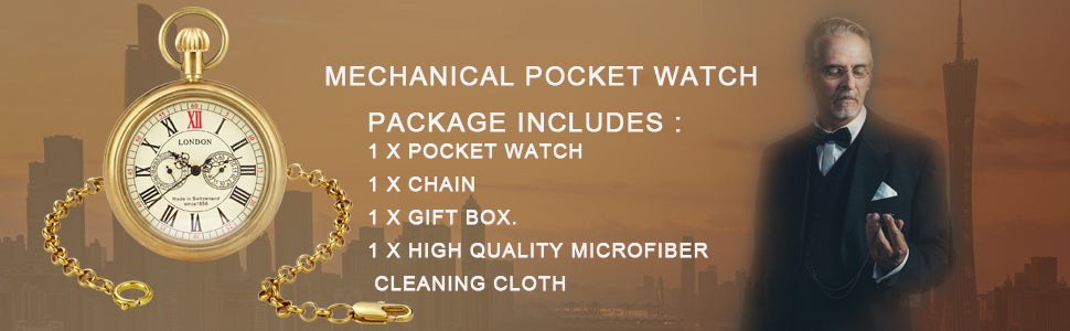 Antique Copper London Pocket & fob Watches Mechanical Watch Hand Wind Mens Pocket with Chain Xmas Gift Box