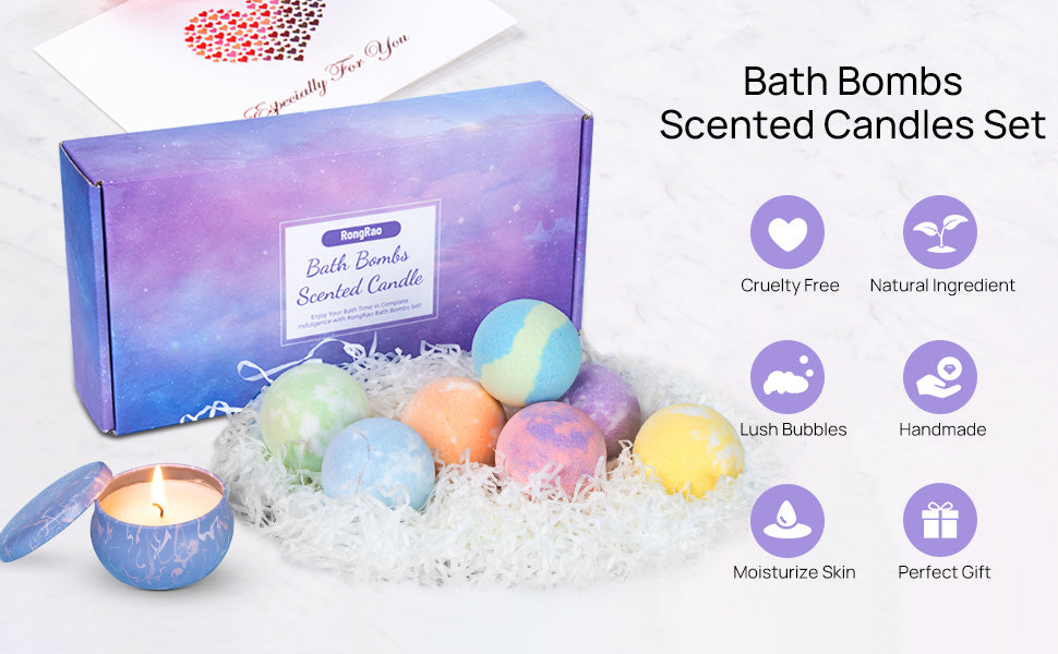 Bath Bombs Gift Set, 7+1Pcs Handmade Bath Bombs and Scented Candles Gift Set with Natural Essential Oils, Perfect for Bubble and Spa Bath, Birthday Anniversary Christmas Gifts for Women, Men, Kids