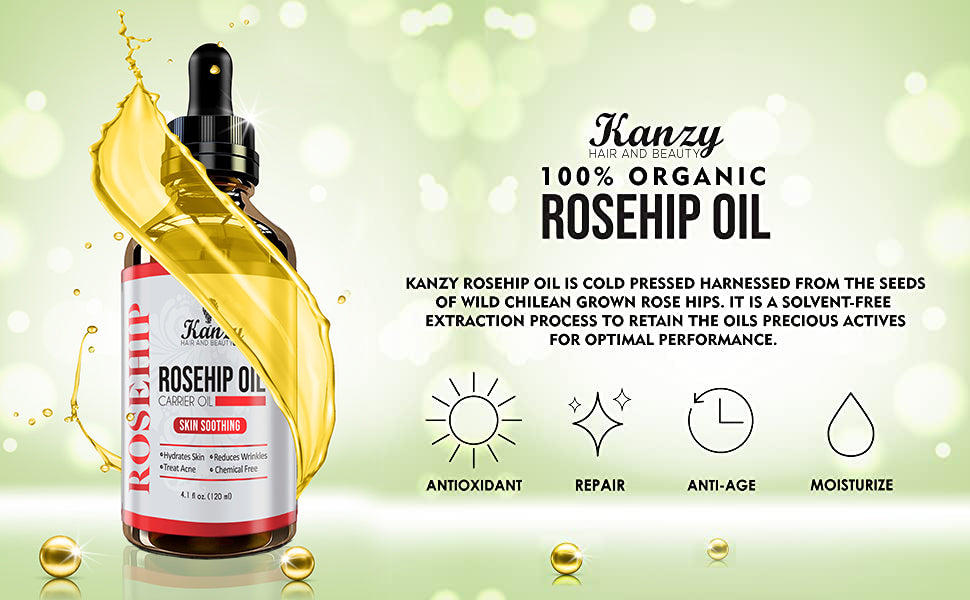 Kanzy Rosehip Oil for Face 120ml Organic Cold Pressed 100% Pure Natural, Hydrating, Nourishing & Moisturising Rosehip Seed Oil for Skin, Hair, Nails, and Body Oil