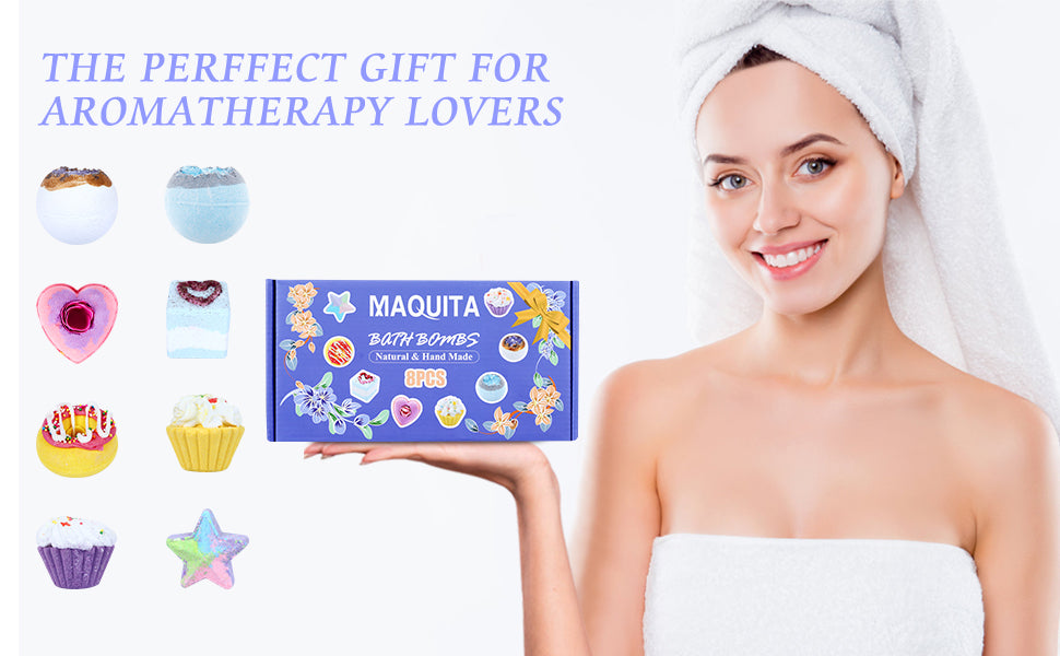 MAQUITA 8Pcs Shower Bath Bombs with SPA Aromatherapy Stress Relif Relaxing Gift for Women Girls Great Mothers Day Birthday Christmas Gifts