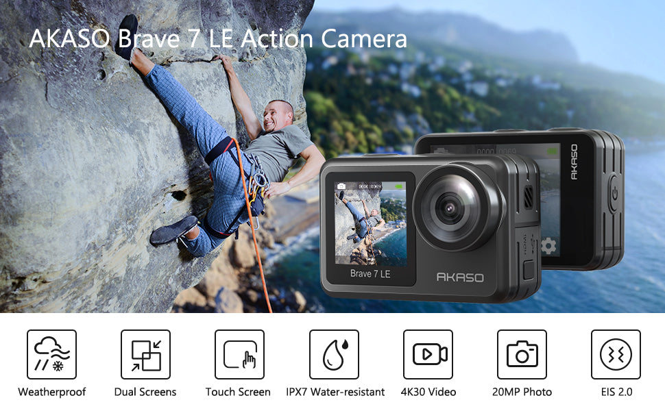 AKASO Brave 7 LE Action Camera, IPX7 Waterproof Navitve 4K 20MP WiFi Sports Camera with Touch Screen, EIS 2.0 Remote Control Underwater 40M Cam with 2X 1350mAh Batteries
