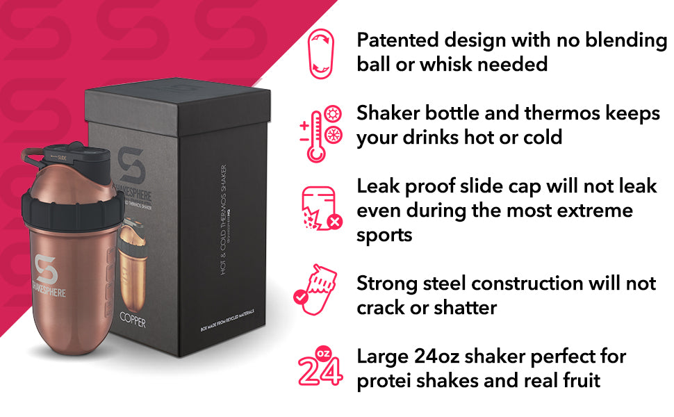 Shakesphere Tumbler Steel: Protein Shaker Bottle Keeps Hot Drinks HOT & Cold Drinks Cold, 24 oz. No Blending Ball or Whisk Needed, Easy Clean Up - BPA Free | Great for Shakes, Smoothies (Steel)