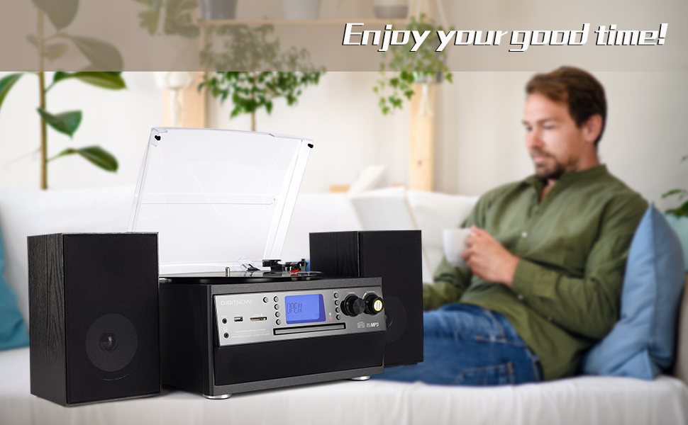 DIGITNOW! Bluetooth Viny Record Player, Turntable for CD, Cassette, AM/FM Radio and Aux in, USB port and SD Encoding, Remote Control, with Standalone Stereo Speakers