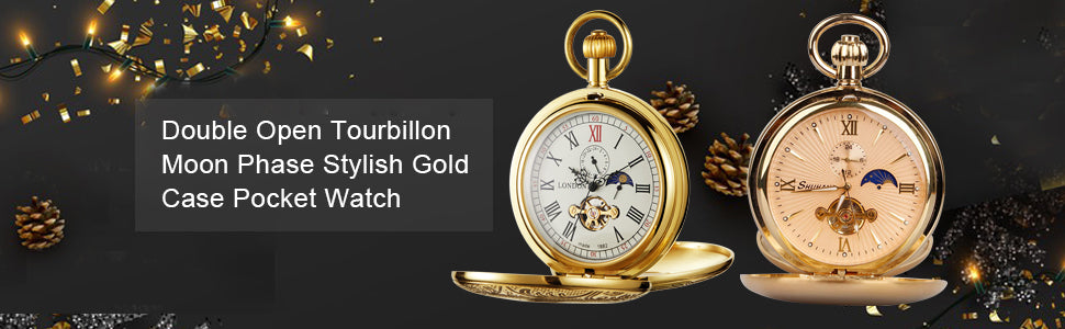 Double Hunter Mechanical Pocket Watch Double Open Tourbillon Moon Phase Stylish Gold Case Fob Pocket Watches & Gift Box Men Women Best Gifts