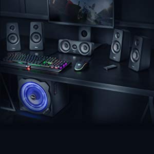 Trust Gaming GXT 658 Tytan 5.1 Surround Sound Speaker System, PC Speakers with Subwoofer, UK Plug, LED Illuminated, 180 W - Black/Blue