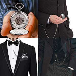 Double Hunter Mechanical Pocket Watch Full Luxury Silver Color Men Women Stylish Retro FOB Hand Wind Groom Groomsmen Wedding Pocket Watches Gift with Box