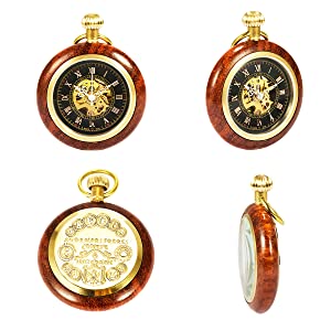 ManChDa Elegant Copper Wood Mechanical Pocket Watch Open Face Roman Numerals Vintage Pendant for Men Women with Chain + Gift Box