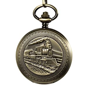 ManChDa Mens Pocket Watch 3D Steam Train Railroad Pattern Mechanical Movement for Men + Gift Box(Bronze)