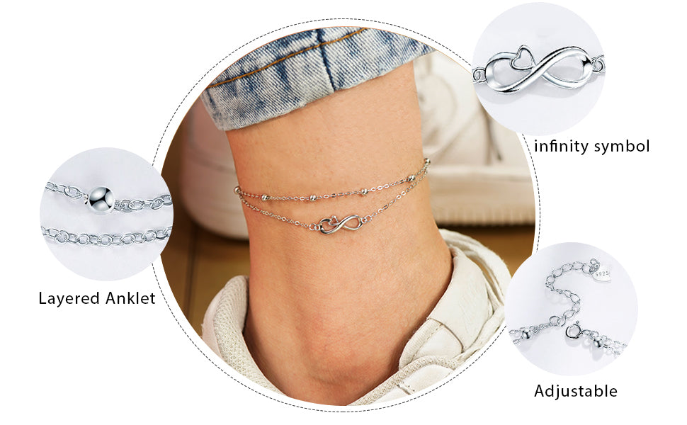 JENDEAR Boho Layered Anklet 925 Sterling Silver Infinity Ankle Bracelet for Women and Girls, Summer Beach Foot Chain Jewelry