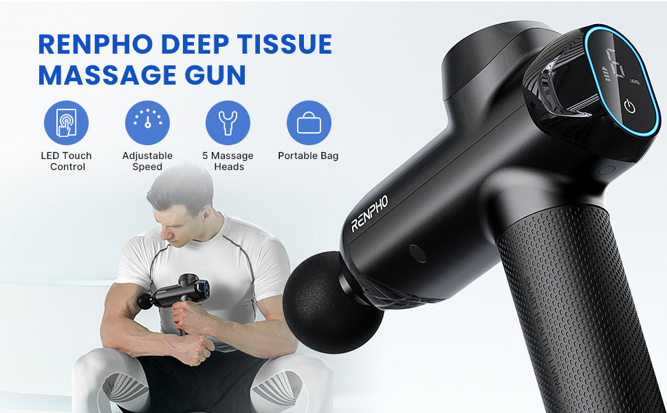 Massage Gun, Renpho Massage Gun Deep Tissue, Powerful and Quiet Electric Handheld Massager, LCD Touch Control, Electric Massager for Shoulder Back Leg Relief with Portable Carry Case (Black)