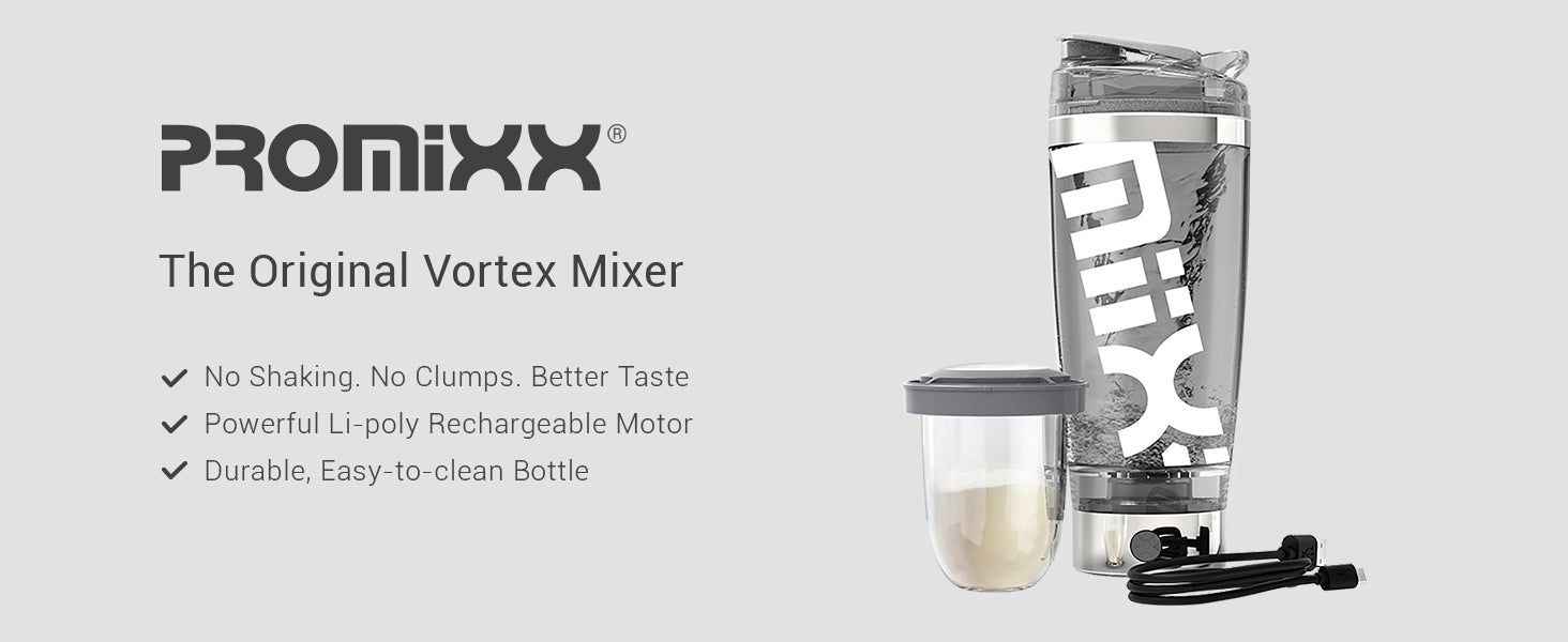 MiiXR PRO Electric Shaker Bottle by PROMiXX | Rechargeable Vortex Mixer | Includes Built-in Supplement Storage & USB Charger Cable with Easy-to-clean Cup (600ml | Stainless Steel Silver/White)