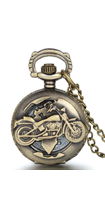 Jewelrywe Steampunk Pocket WatchBronze Biker Motorcycle Motorbike Moto Pocket Watch Necklace Pendant Mens Boys