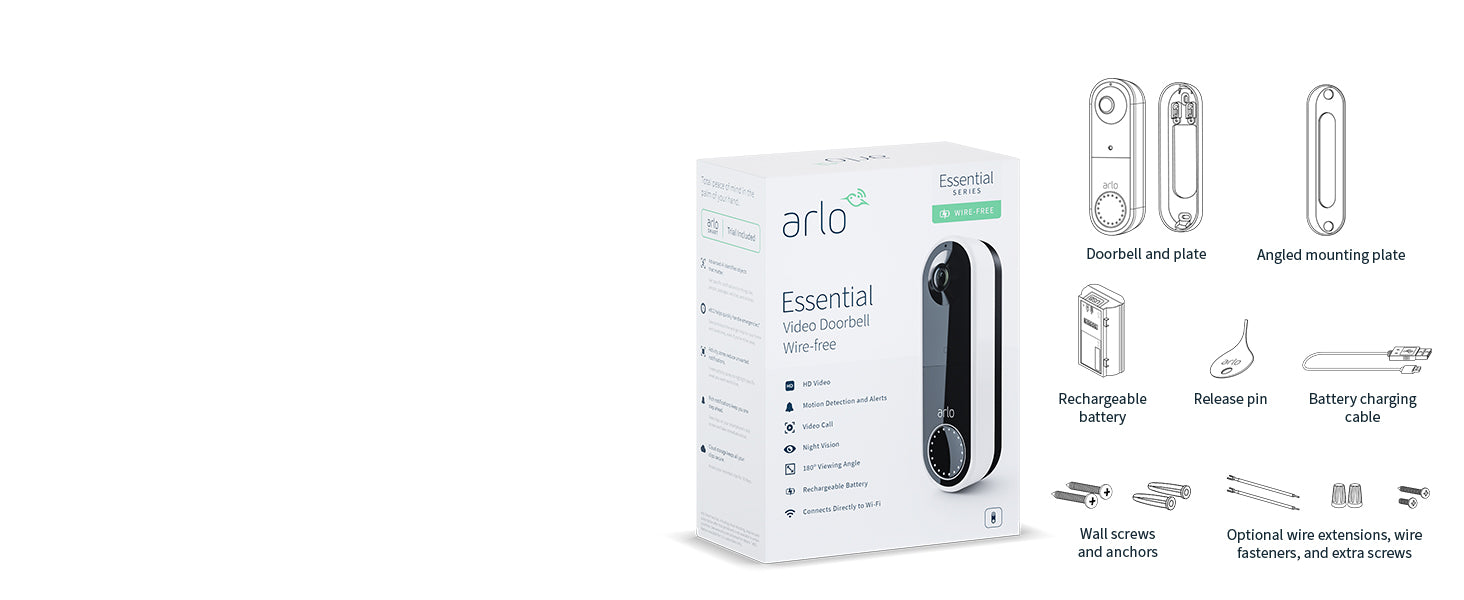Arlo Essential Wireless Video Doorbell Camera, 1080p HD Security camera, WiFi, 2 Way Audio, Motion Detection, Built-in Siren, Night Vision, 90-Day Free Trial of Arlo Secure Plan, White