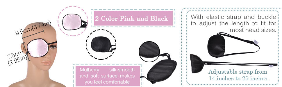 eZAKKA 2 Pieces Eye Patches for Adults Silk Eye Patch Elastic Eyepatche for Lazy Eye Amblyopia Strabismus, Black and Pink
