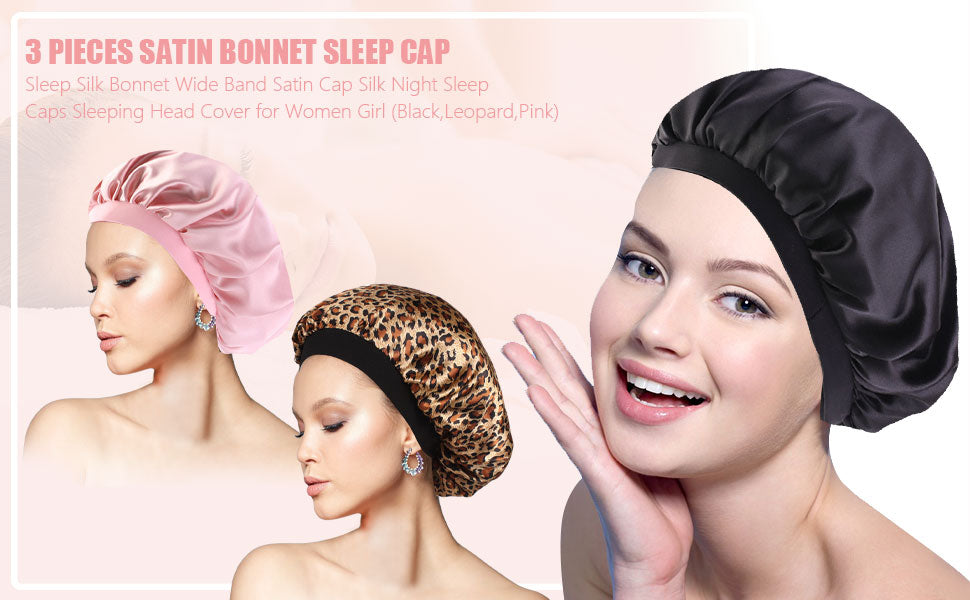 3 Pieces Silk Bonnet, Satin Bonnet Hair Bonnets Elastic Wide Band Night Sleep Bonnet Soft Satin Sleep Caps Hair Cap for Women Girl Sleeping Hair Care (Black,Leopard,Pink)