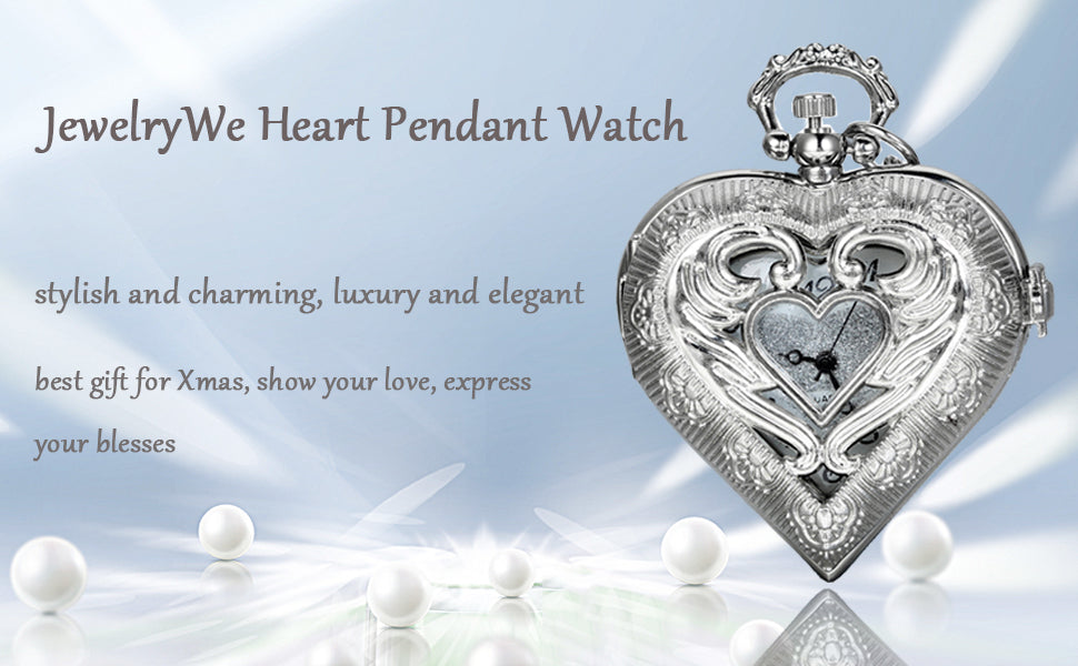 JewelryWe Vintage Pocket Watch,Heart Locket Style Pendant Pocket Watch Necklace for Girls Lady Women