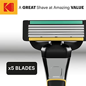 KODAK Ultra Men's Razor Blades with A 5 Blade Razor with Metal Handle - Shaving Kit & Beard Trimming | 3 x Refill Cartridges | Swedish Steel & Aloe Vera Strip for a Close Shave, Chrome