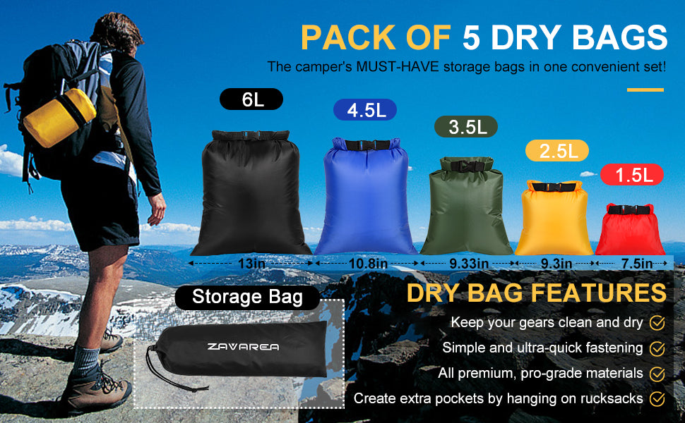 Waterproof Dry Bag Set, Lightweight Drybag Canoe Bags with 1.5L, 2.5L, 3.5, 4.5L, 6L Dry Sacks Waterproof Bags for Kayaking Rafting Boating Hiking Camping Travel Fishing Sea Swimming Boat Dry Bags