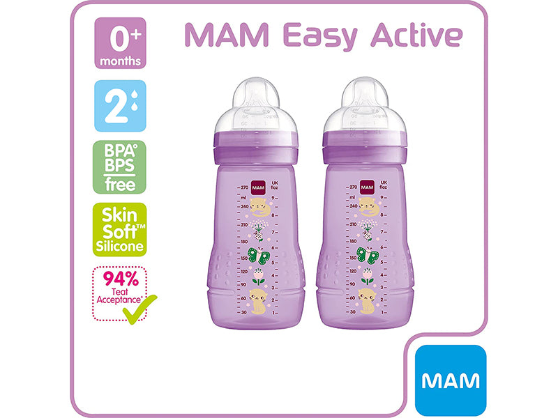 MAM Easy Active Baby Bottle with Medium Flow MAM Teats Size 2, Twin Pack of Baby Bottles, Baby Feeding, 270 ml, Purple (Designs May Vary)