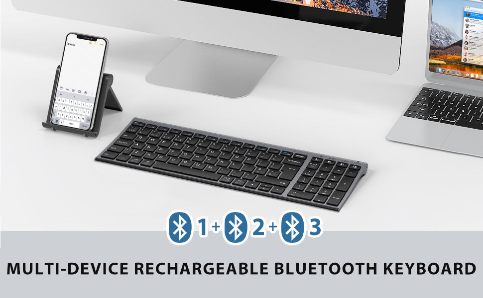 Bluetooth Keyboard for Mac, iClever 3 Multi-Device Bluetooth 5.1 Keyboard Full Size Stable Connection Keyboard for iPad, iPhone, Mac, iOS, Android, Windows, QWERTY UK Layout - Black
