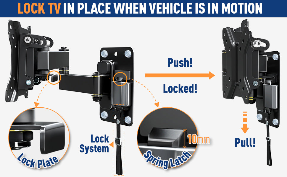 Mounting Dream Monitor / TV Wall Bracket Lockable for Camping, for Most 10-26 inch TVs with VESA 50x50, 75x75, 100x100 mm up to 10 kg, Caravan / Motorhome / RV TV Bracket MD2209-03