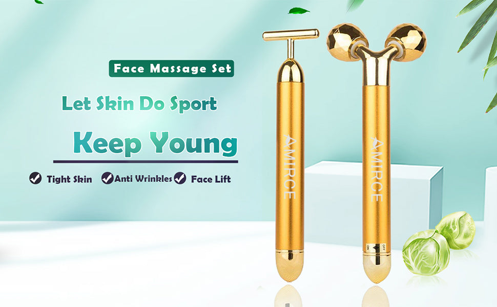 2 IN 1 Face Massager Roller Gold Facial Massager, Electric 3D Face Roller and T Shape Arm Eye Nose Head Massager Instant Face Lift Anti Wrinkles