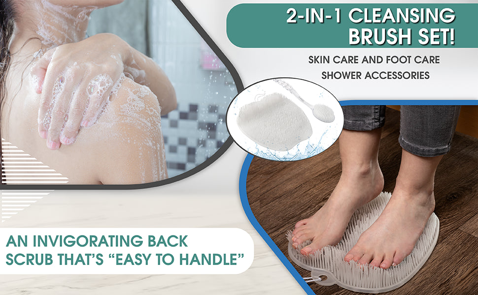 SKATCO Foot Scrubber for Shower and Body Brush Set. Comfortable to Stand Shower Feet Scrubber No Plastic Smell - Wet and Dry Brush Body Massager. Skin Care and Foot Care Shower Accessories - Clear