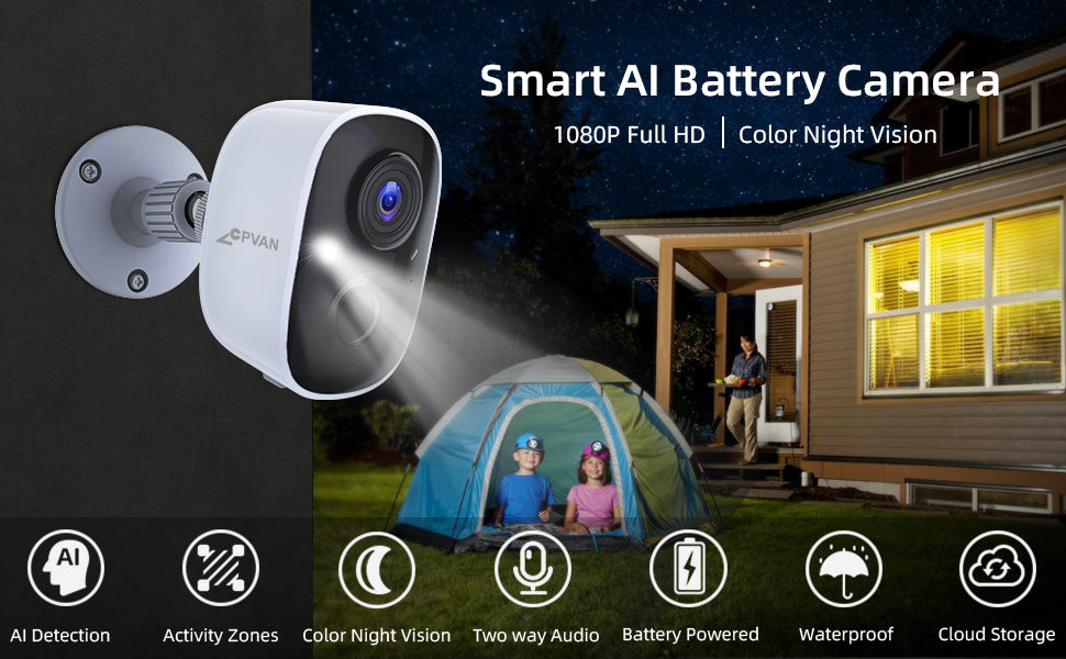 CPVAN Wireless Battery Security Camera Outdoor, WiFi 1080P HD Rechargeable Spotlight Camera with AI PIR Motion Detection(Human/Vehicle/Pet/Package)/2-Way Audio/Waterproof/Night Vision/Cloud&SD Card.