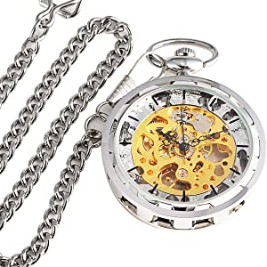 ManChDa Mens Steampunk Mechanical Pocket Watch Transparent Open Face Silver/Bronze Skeleton Dial with Chain + Gift Box