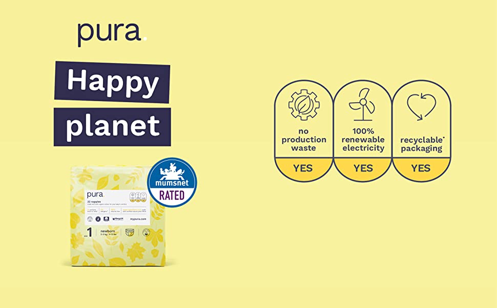 Pura Premium Eco Baby Nappies Size 1 (Newborn 2-5kg / 4-11 lbs) 6 x 22 per pack, 132 Infant Sustainable Diapers, Perfume Free, Clinically Tested and Hypoallergenic