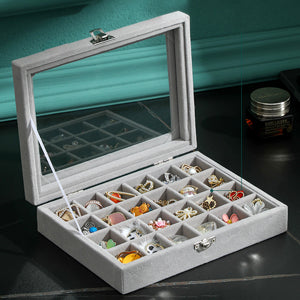 EMAGEREN Velvet Jewellery Box 24 Grids Velvet Glass Jewellery Ring Display Organiser Box Earrings Storage Box Adjustable Storage Grids Glass Lid Jewellery Organiser for Ring Earring Necklace