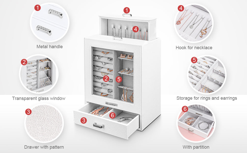 Seelux Jewellery Box with 3 Drawers Jewelry Organiser Display Case with Glass Window, Velvet Jewellery Holder for Necklace Earring Ring for Women, 18x10x23cm, White, Reusable