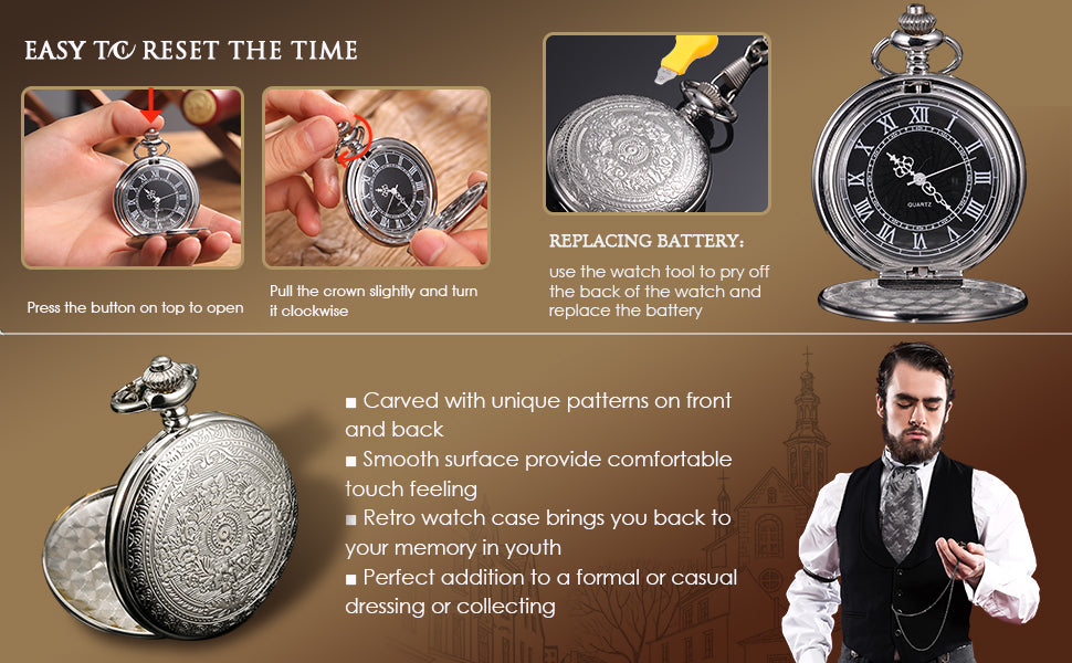 Quartz Pocket Watch for Men with Black Dial and Chain