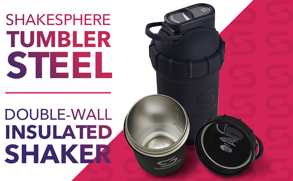 Shakesphere Tumbler Steel: Protein Shaker Bottle Keeps Hot Drinks HOT & Cold Drinks Cold, 24 oz. No Blending Ball or Whisk Needed, Easy Clean Up - BPA Free | Great for Shakes, Smoothies (Matte Black)