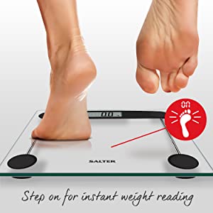 Salter Compact Digital Bathroom Scales, Easy to Read Digital Display, Instant Reading Step-On Feature, Non-Slip, Toughened Glass, Black