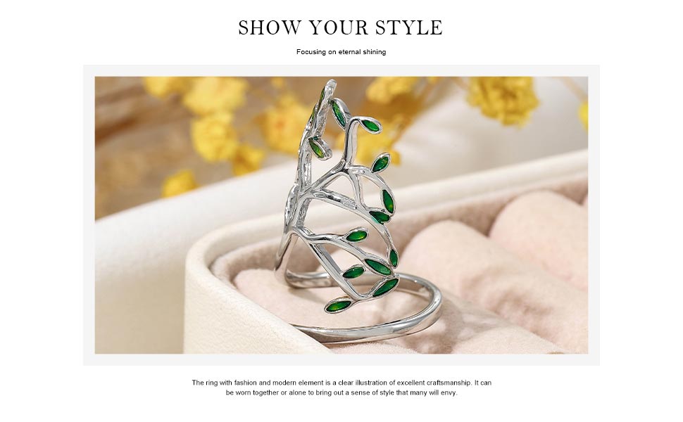 Aukmla Tree Ring Silver Leaf Rings Adjustable Open Band Ring Shape Green Branch Finger Rings for Women and Girls