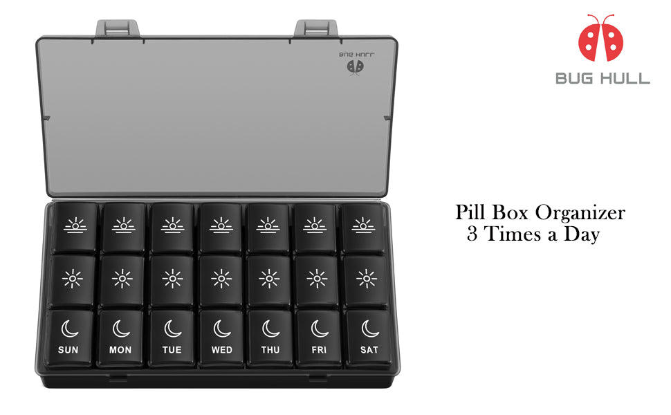 Pill Box Organiser 3 Times a Day, BUG HULL Weekly Tablet Boxes with Large Separate Compartments for Morning Noon Evening (7 Day 3 Times a Day)