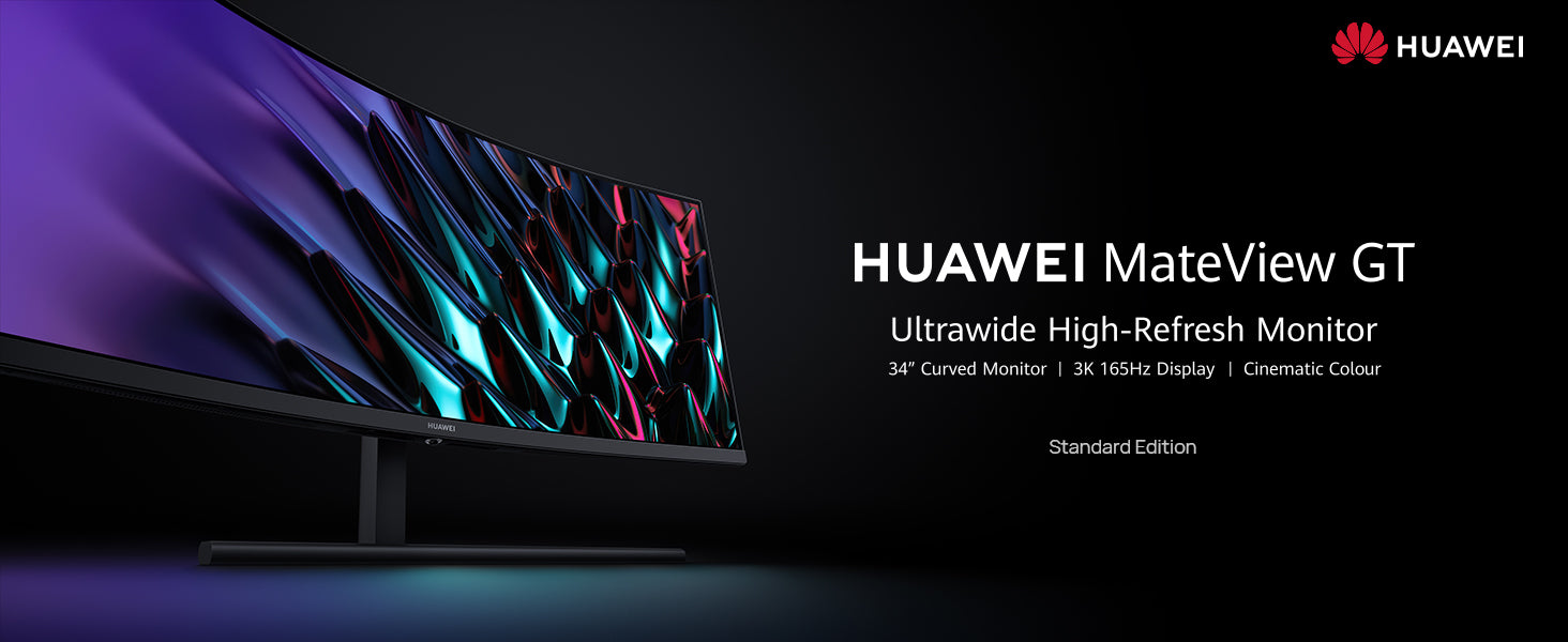 HUAWEI MateView GT 34'' Ultrawide Curved Gaming Monitor, 165Hz, 21:9 WQHD 3440 x 1440, 3K+, 1500R, Cinema-Level P3 Colour, 1.07 Billion Colours, HDR, TÜV Rheinland, 5-Way Joystick, HDMI, DP, Black