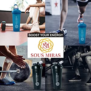 Sous Miras Protein Shaker Bottle, Leak Proof Drinks Shake Cup for Gym or Fitness Sports, Protein Supplements Shake, Blender Mixer Bottle with Stainless Steel Metal Mixture Ball (600ml/700ml) - Black