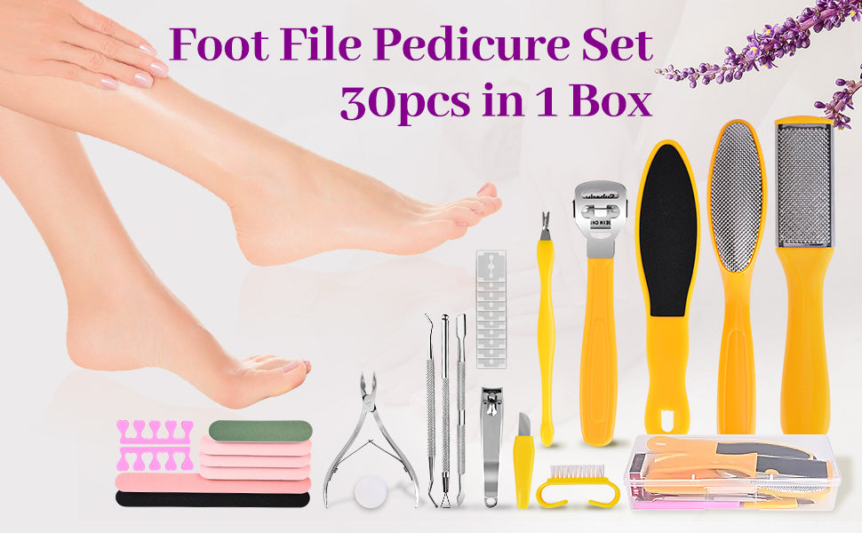 Foot File Pedicure Set, 30 in 1 Foot Files Foot Care Scrubber Kit Hard Skin Remover Feet Scrub for Women Men Salon or Home