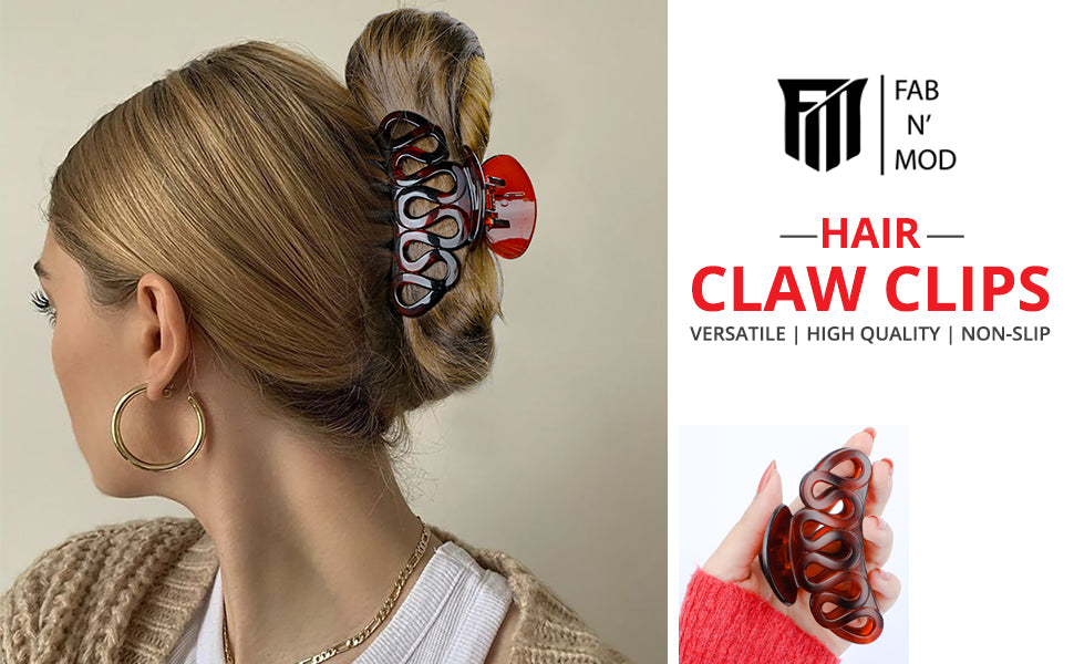 Fab N' Mod Hair Claw Clips 3 PCS, Hair Clips Women for Thick Hairs, 3.6 Inch Matte Finish Claw Clips in Black/Brown/Wine Color | Hair Accessories for Women