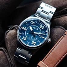 AVI-8 Men's Spitfire Type 300 Automatic Oxford Blue with Silver-Tone Solid Stainless Steel Bracelet and Brown Genuine Leather Strap Watch 42mm - AV-4073-11