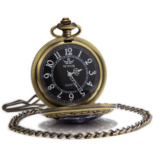 SEWOR Bronze Enamel Craft Pattern Japan Quartz Movement Pocket Watch with Double Chain (Metal & Leather)