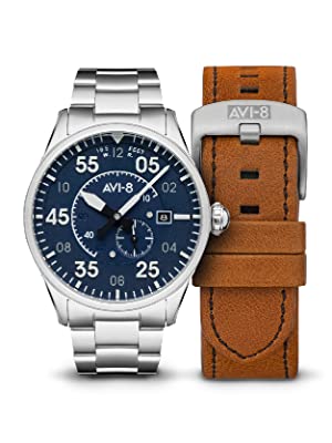 AVI-8 Men's Spitfire Type 300 Automatic Oxford Blue with Silver-Tone Solid Stainless Steel Bracelet and Brown Genuine Leather Strap Watch 42mm - AV-4073-11